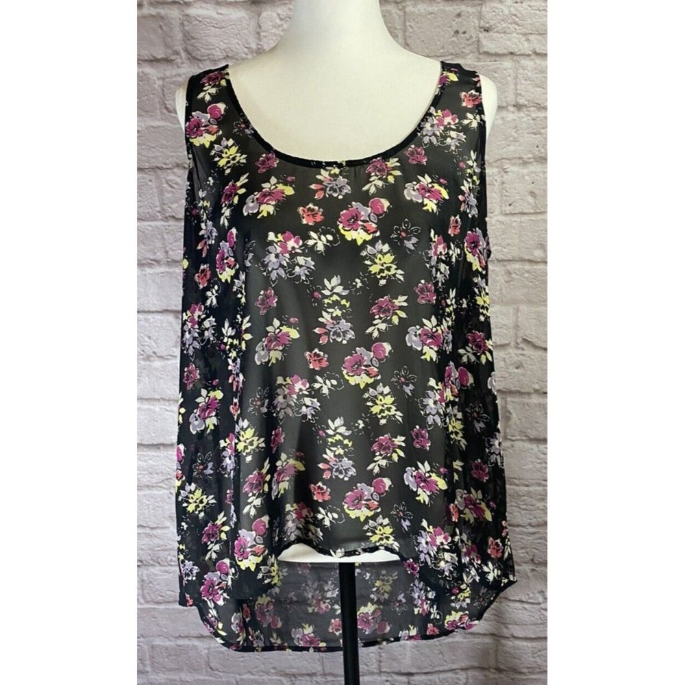 Torrid Sheer Tank Top SZ 1 (1X) Floral Print Black Unlined Hi Low Hem‎ 8735